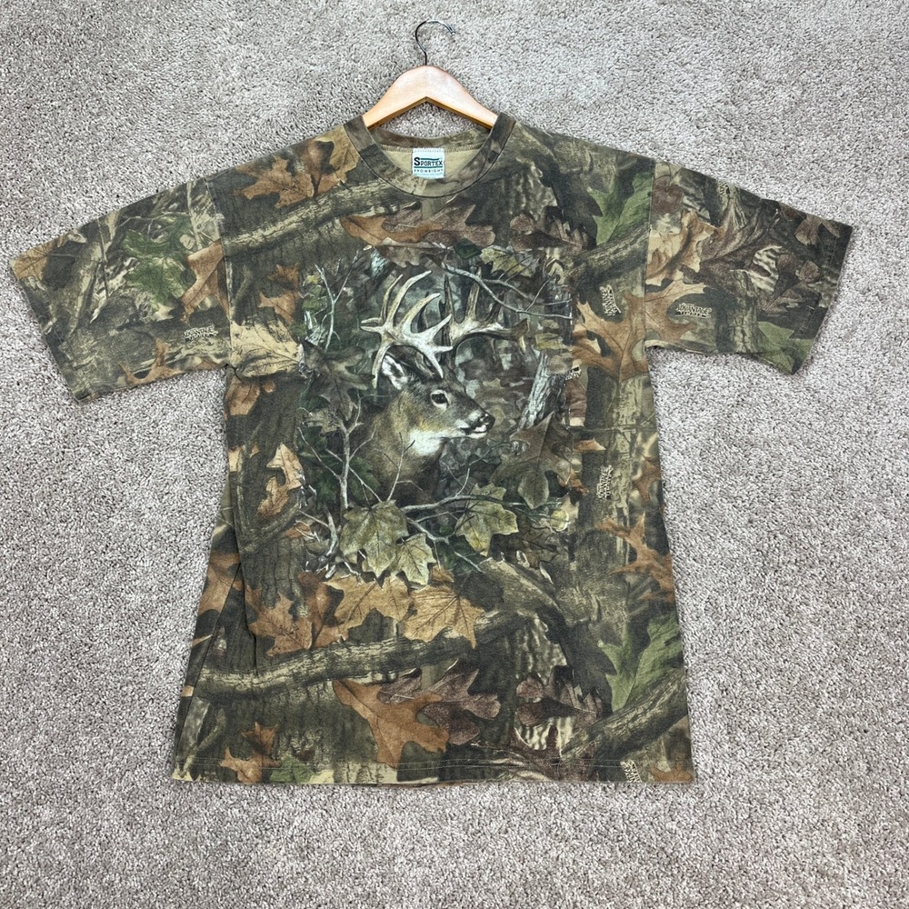 VTG Sportex T-Shirt Men Large Short Sleeve Green Camo Advantage Timber USA MADE